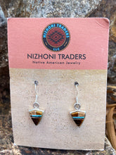Load image into Gallery viewer, Navajo Turquoise, Onyx, Petrified Wood &amp; Sterling Silver Inlay Petite Triangle Dangle Earrings