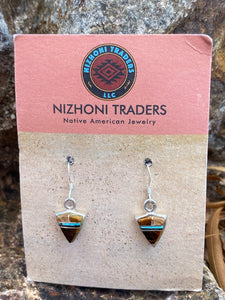 Navajo Turquoise, Onyx, Petrified Wood & Sterling Silver Inlay Petite Triangle Dangle Earrings