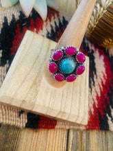 Load image into Gallery viewer, Handmade Sterling Silver, Pink Onyx &amp; Turquoise Cluster Adjustable Ring