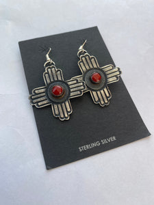 Navajo Coral & Sterling Silver Zia Dangle Earrings By Kevin Billah