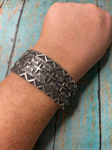 Navajo Sterling Silver Cross Cuff Bracelet By Elvira Bill Signed & Stamped