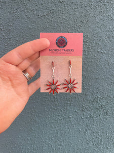 Zuni Coral And Sterling Silver Flower Dangle Earrings
