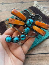 Load image into Gallery viewer, Navajo Kingman Turquoise, Spiny &amp; Sterling Silver Butterfly Cuff Bracelet Signed Kevin Billah