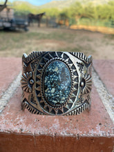 Load image into Gallery viewer, Navajo Hand Stamped New Lander Turquoise &amp; Sterling Silver Cross Cuff  Bracelet By Elvira Bill