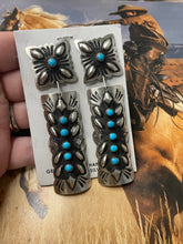 Load image into Gallery viewer, Navajo Sterling Silver &amp; Turquoise Concho Dangle Earrings Signed By Tahe