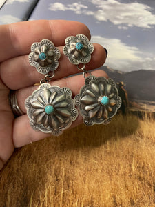 Navajo Sterling Silver And Turquoise Concho Dangle Earrings Signed