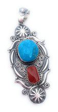 Load image into Gallery viewer, Navajo Sterling Silver, Kingman Turquoise &amp; Coral Pendant Signed