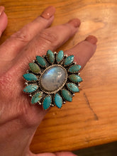 Load image into Gallery viewer, Handmade Sterling Silver Royston Turquoise &amp; Aqua Calcedony Cluster Adjustable Ring Signed Nizhoni