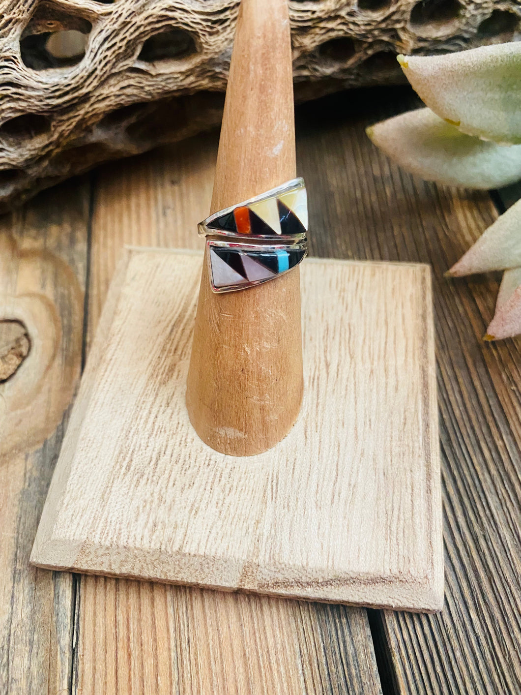 Zuni Sterling Silver & Multi Stone Inlay Adjustable Ring