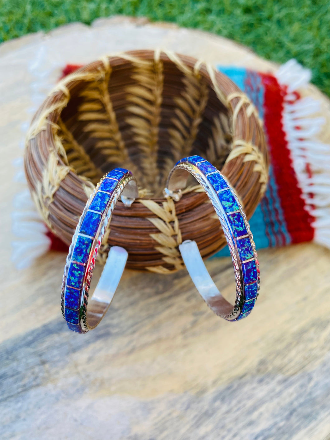 Navajo Sterling Silver & Purple Opal Inlay Hoop Earrings Signed