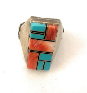 Old Pawn Vintage Navajo Sterling Silver, Turquoise & Spiny Inlay Ring Size 11