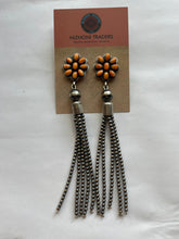 Load image into Gallery viewer, Navajo Sterling Silver Tassel Orange Spiny Flower Dangle Earrings Signed