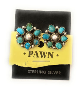 Vintage Old Pawn Navajo Turquoise & Sterling Silver Cluster Post Earrings