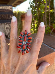Handmade Sterling Silver And Coral Adjustable Cluster Ring