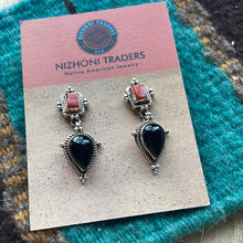 Load image into Gallery viewer, Beautiful Navajo Sterling Silver, Coral &amp; Black Onyx Dangle Earrings Signed