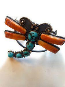 Navajo Kingman Turquoise, Spiny & Sterling Silver Butterfly Cuff Bracelet Signed Kevin Billah