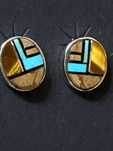 Load image into Gallery viewer, Navajo Turquoise, Onyx, Petrified Wood &amp; Sterling Silver Inlay Small Oval Stud Earrings