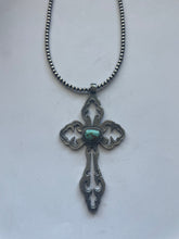 Load image into Gallery viewer, Navajo Sterling Silver &amp; Turquoise Cross Pendant Signed Eugene Mitchell