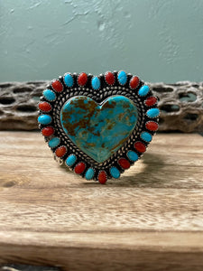 Navajo Sterling Heart Statement Turquoise And Natural Red Coral Bracelet Cuff Signed