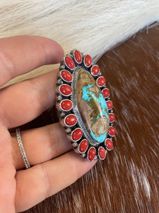 Navajo Number 8 Turquoise, Coral & Sterling Silver Ring Size 8 Signed G James
