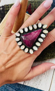 Navajo Mother Of Pearl And Purple Spiny Sterling Silver Adjustable Ring