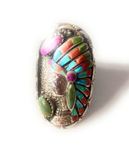 Load image into Gallery viewer, Handmade Sterling Silver &amp; Multi Stone Inlay Indian Chief Ring Size 8.5