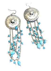 Navajo Sterling Silver Turquoise Concho Chain Dangle Earrings