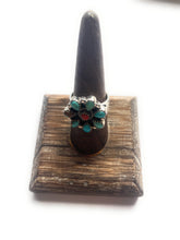 Load image into Gallery viewer, Handmade Sterling Silver, Turquoise and Coral Cluster Adjustable Ring Signed Nizhoni