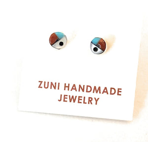 Zuni Sun Face Multi Stone & Sterling Silver Inlay Mini Stud Earrings