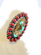 Load image into Gallery viewer, Navajo Number 8 Turquoise, Coral &amp; Sterling Silver Ring Size 8 Signed G James