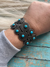 Load image into Gallery viewer, Leander Tahe Turquoise &amp; Sterling Silver Spiral Navajo Bracelet Signed