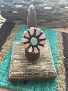 Navajo Golden Hills Turquoise, Pink Conch, and Sterling Silver Adjustable Ring Signed C. Yazzie
