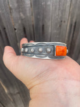 Load image into Gallery viewer, Navajo Sterling Silver &amp; Orange Spiny Cuff Stamped And Signed By Chimney Butte