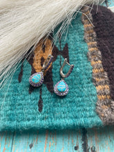 Load image into Gallery viewer, Navajo Turquoise Inlay, Garnet &amp; Sterling Silver Dangle Earrings
