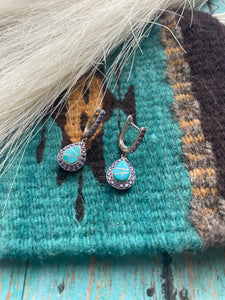 Navajo Turquoise Inlay, Garnet & Sterling Silver Dangle Earrings