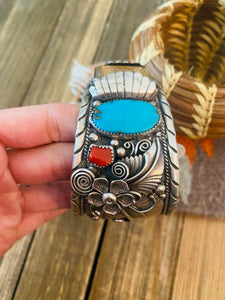 Old Pawn Vintage Navajo Kingman Turquoise, Coral & Sterling Silver Watch Cuff