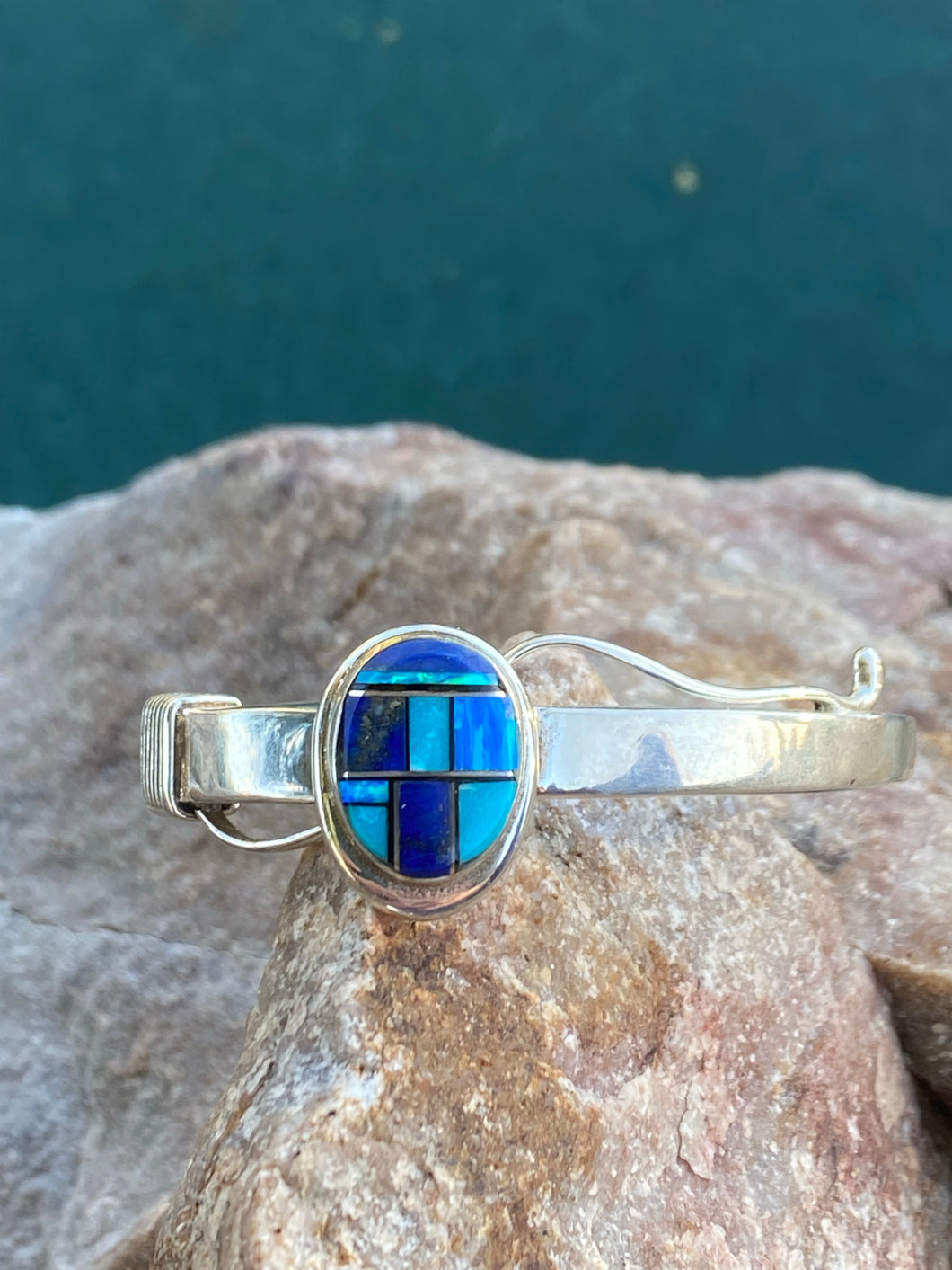 Navajo Lapis, Turquoise, Blue Opal Side Stone Cuff Bracelet