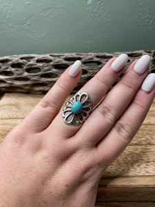 Navajo Flower Turquoise And Sterling Silver Ring