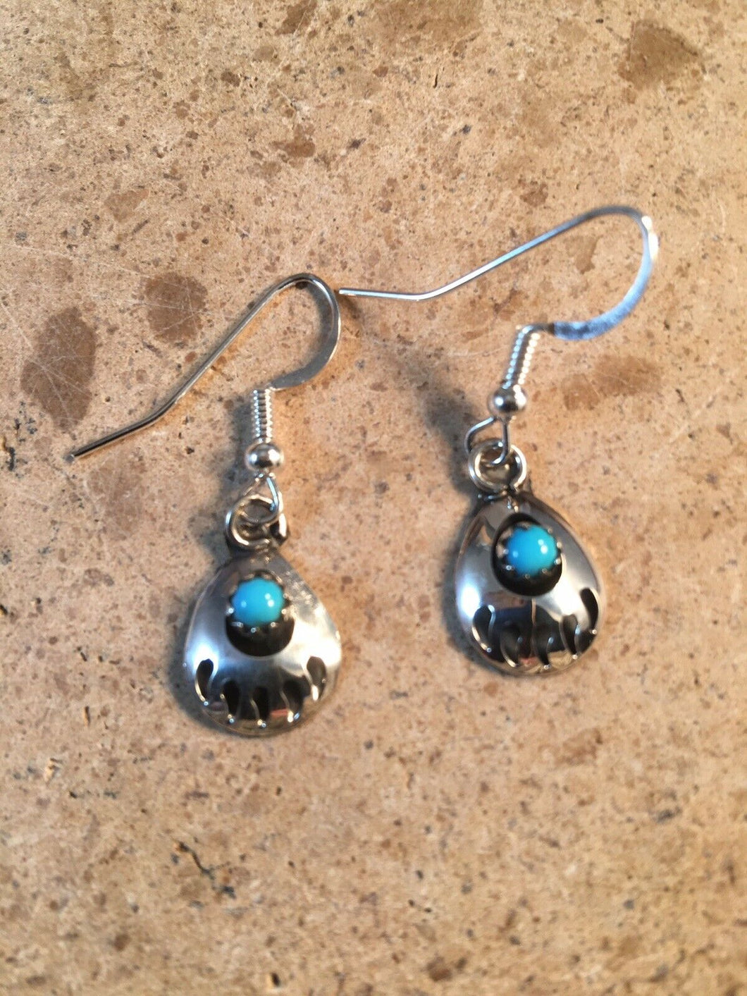 Navajo Sterling Silver And Turquoise Bear Paw Dangle Earrings